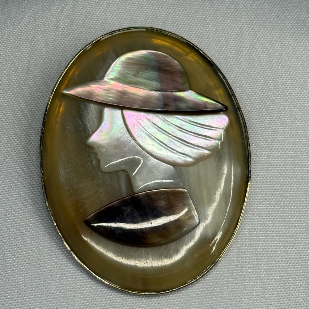 Vintage Mother of Pearl Lady silhouette  Hat Design Brooch